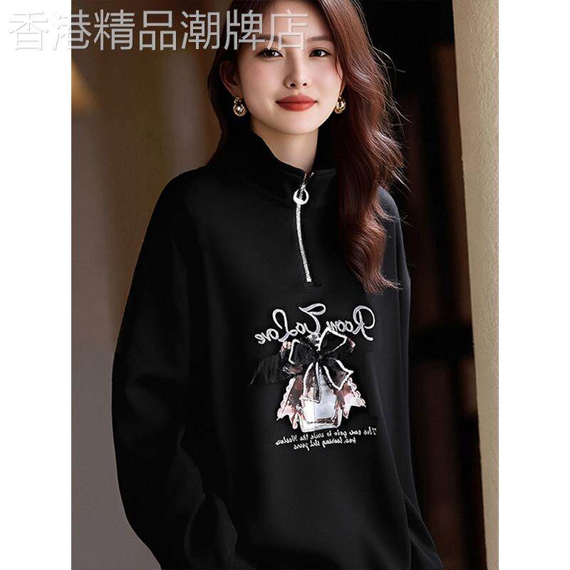 黑色半拉链立领印花长袖卫衣女2025秋冬新款美式休闲宽松运动外套