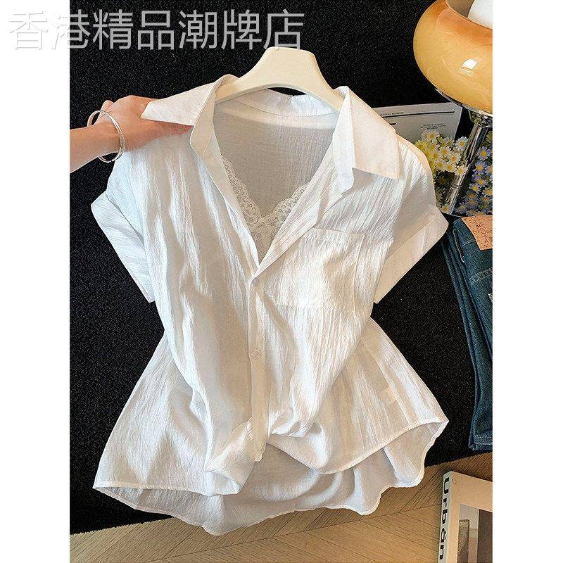 白色假两件蕾丝边短袖衬衫女士夏季设计感小众巨好看气质衬衣上衣
