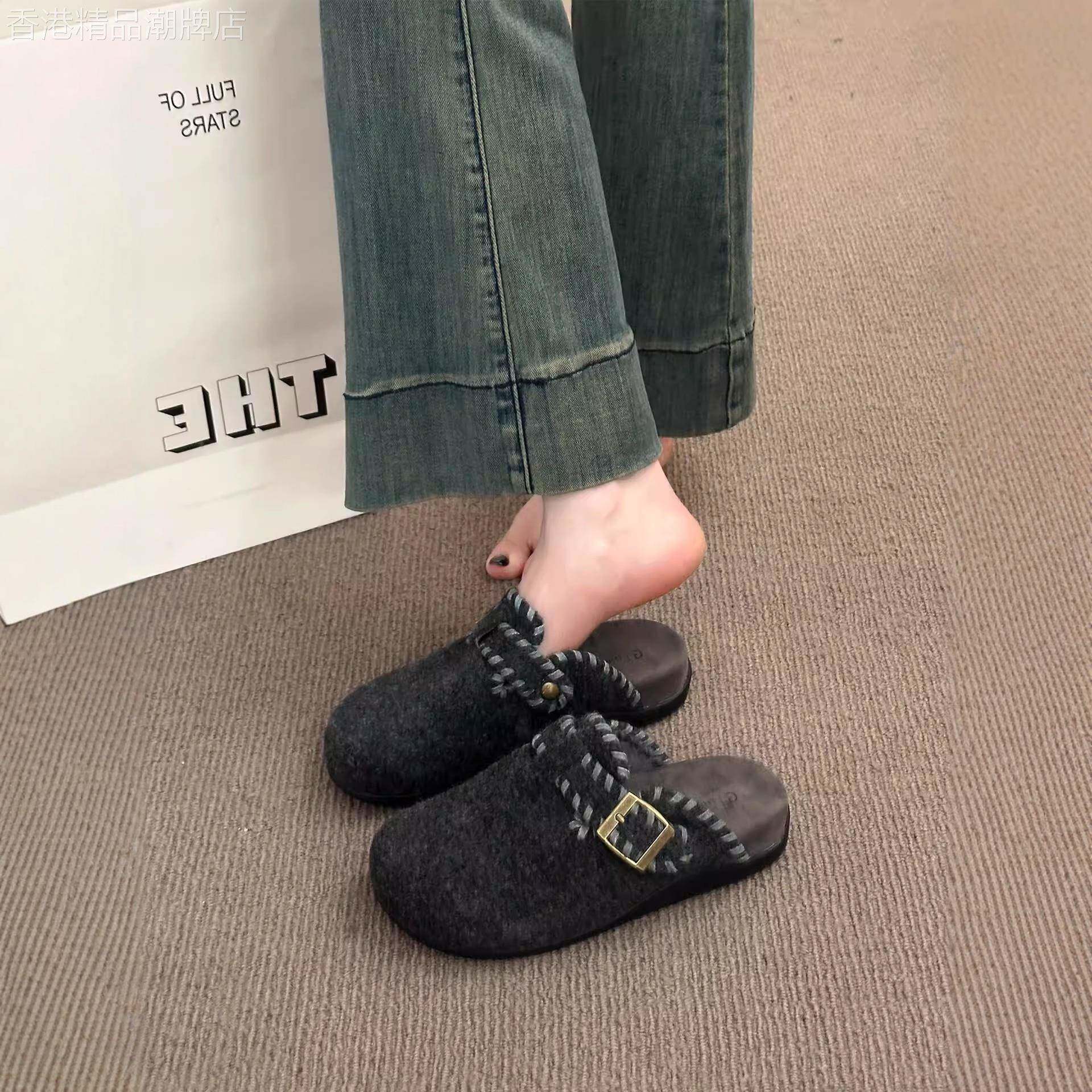香港复古呢子皮带扣包头半拖鞋秋冬新款一脚蹬厚底灰色毛毡勃肯鞋