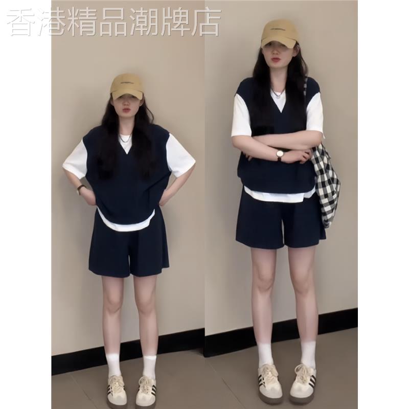 运动服套装女夏季学生韩版宽松显瘦假两件短袖阔腿短裤休闲两件套