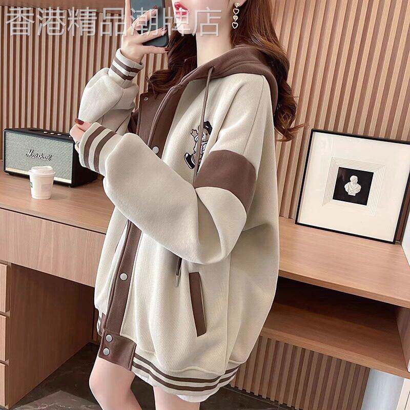 学院风棒球服外套女2025秋冬款加绒刺绣小熊连帽宽松韩版百搭卫衣