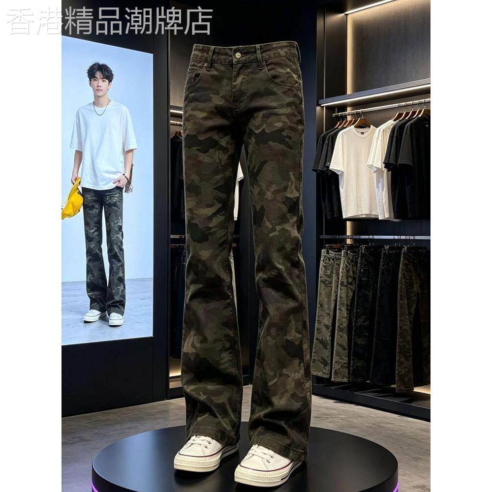 潮牌美式高街迷彩工装牛仔裤男款夏季修身直筒裤子痞帅显瘦微喇叭
