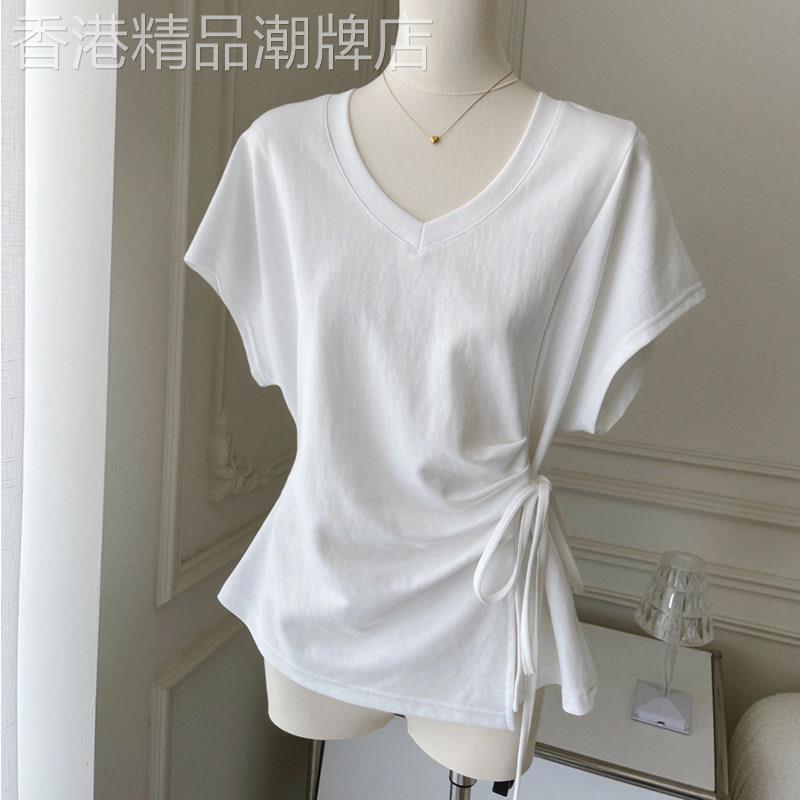 白色短袖T恤女夏季韩系抽绳绑腰V领简约设计感修身气质蝙蝠袖上衣