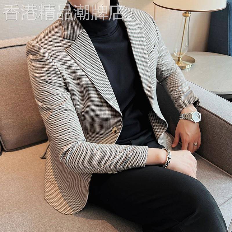 休闲 西装外套男春秋季潮流宽松千鸟格商务单西男士百搭帅气小西
