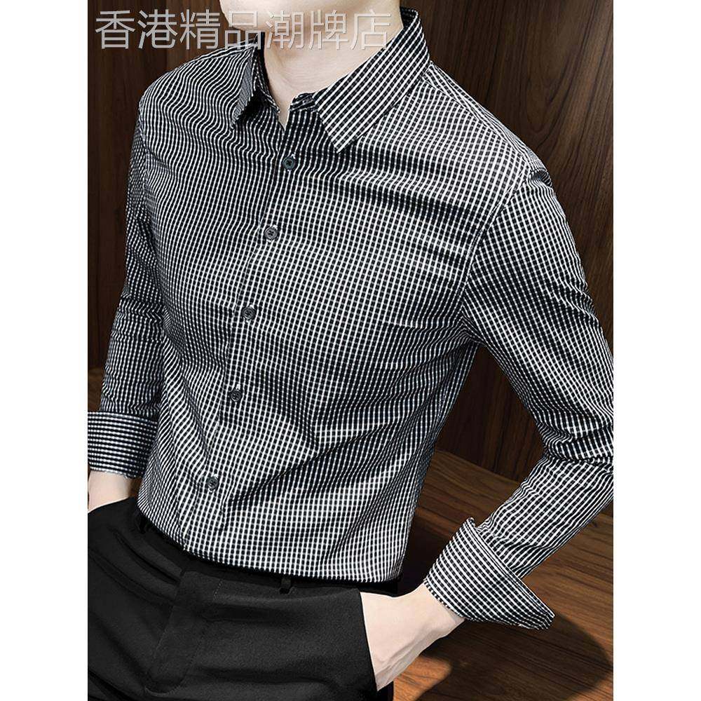潮牌高端长袖格子衬衫男士春秋季2025新款高级感商务痞帅修身衬衣