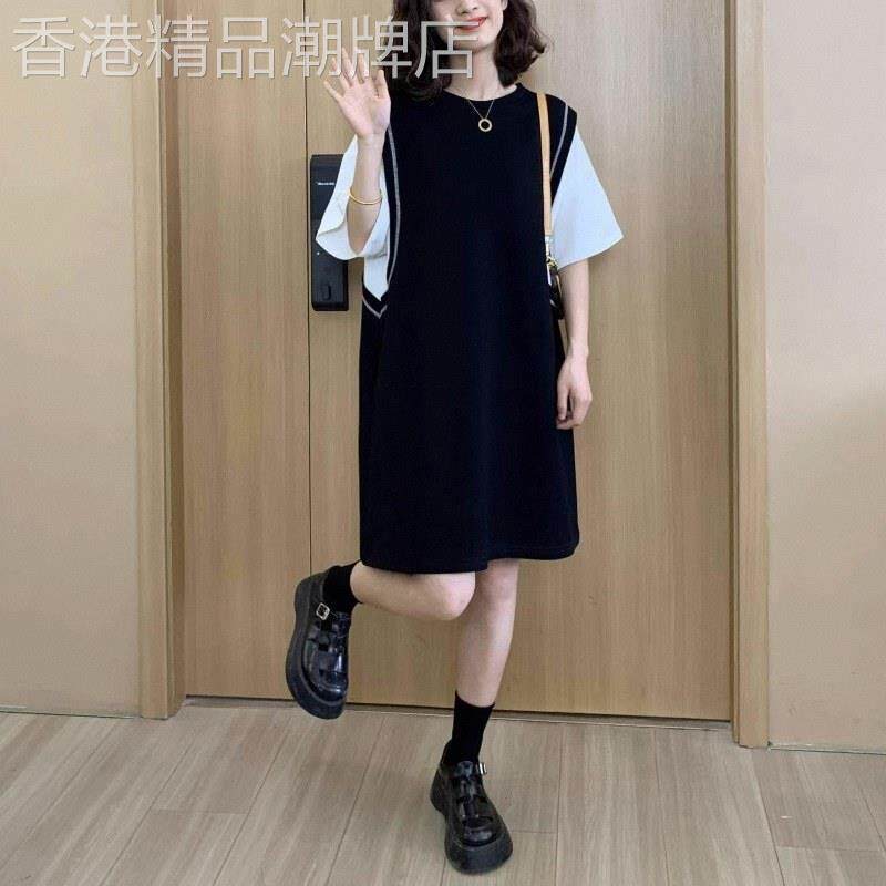 休闲连衣裙女夏欧货直筒裙圆领大码胖MM宽松显瘦时尚拼色运动裙子