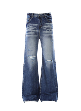 Goinsk 破洞微喇牛仔裤男女款春夏季重磅水洗阔腿裤立体猫须长裤