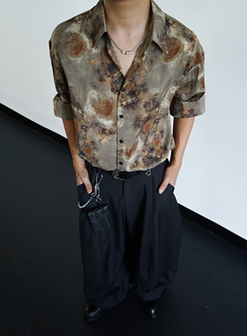 Goinsk雅致老钱风水墨碎花高级感衬衫男早秋慵懒垂感宽松长袖衬衣