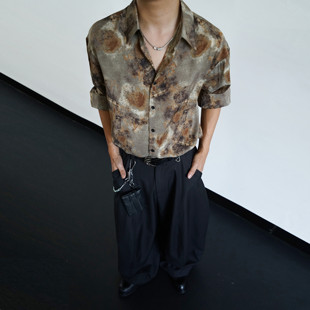 Goinsk雅致老钱风水墨碎花高级感衬衫男早秋慵懒垂感宽松长袖衬衣