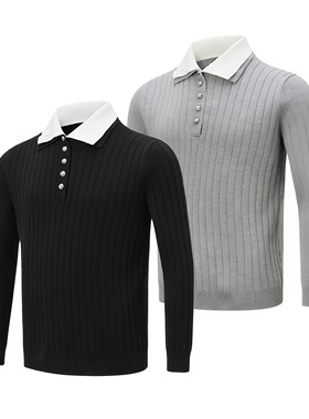 Goinsk 老钱风假两件针织衫秋冬复古微弹纽扣设计翻领包边毛衣T潮