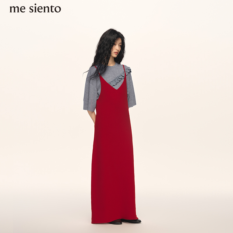 me siento 25AW纯羊毛针织V领简约纯色气质吊带连衣裙气质长裙
