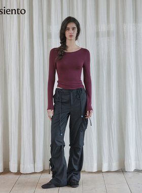 me siento 酒蓝条纹福袋型口袋手工串珠休闲裤