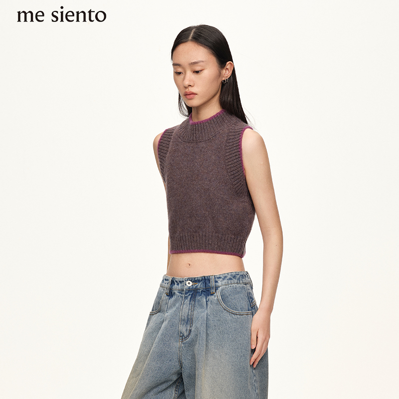 mesiento紫黛灰羊毛无袖马甲