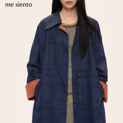 me siento 26AW 纯棉格纹牛仔长款大衣外套