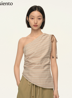 【陈昕葳同款】me siento 条纹撞色系带斜肩修身背心上衣