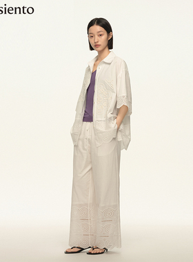 me siento 云峰白原创图案镂空拼接花边百搭宽松休闲裤