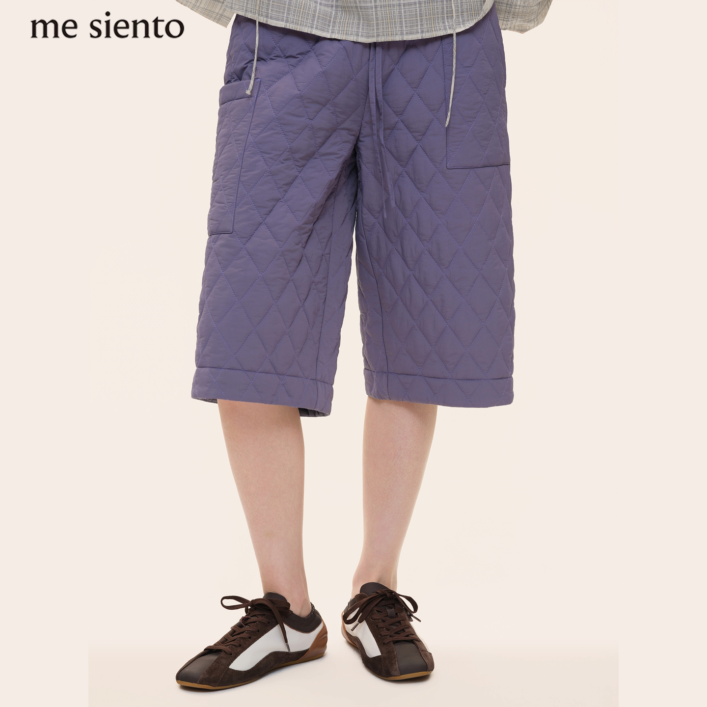 me siento 26AW 菱形夹棉七分贴袋阔腿棉裤抽绳高腰休闲裤