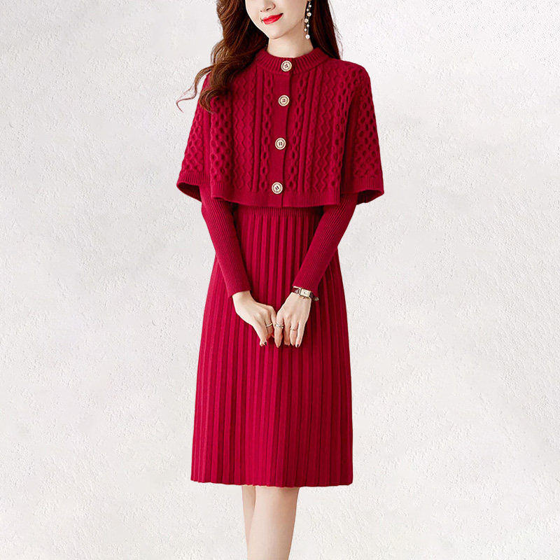 Mealiers冬季长袖针织披肩连衣裙套装女气质加厚打底毛衣裙两件套