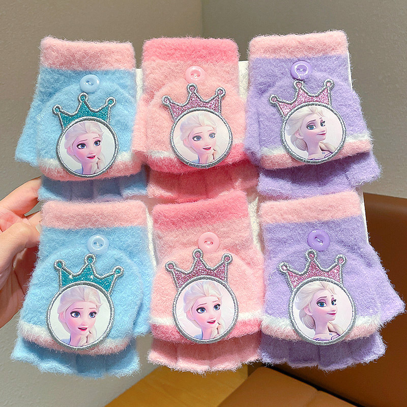 2025新款迪士尼艾莎女童可爱儿童手套冬季小学生五指写字保暖针织