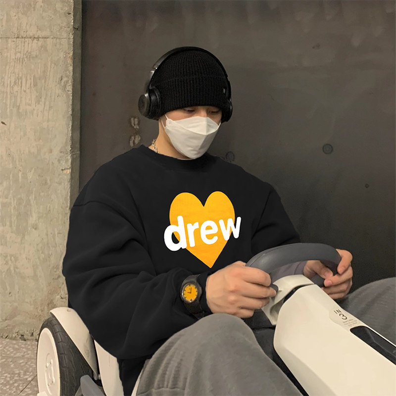DREW BIEBER笑脸爱心潮牌男女款宽松秋冬加绒长袖落肩圆领卫衣