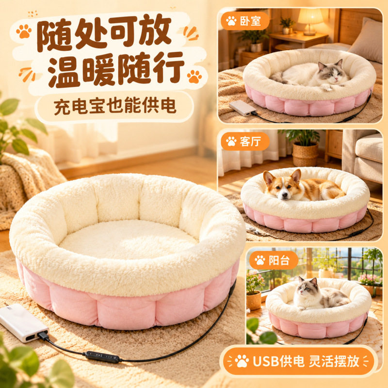 冬季USB加热猫窝恒温保暖狗窝低压安全可拆洗羊羔绒宠物深睡窝