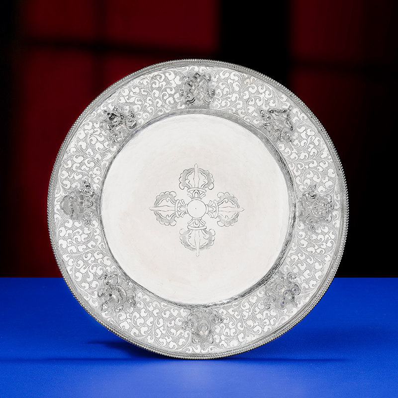 纯银曼扎盘托盘S990纯银手工八吉祥雕花银果盘内径20cm