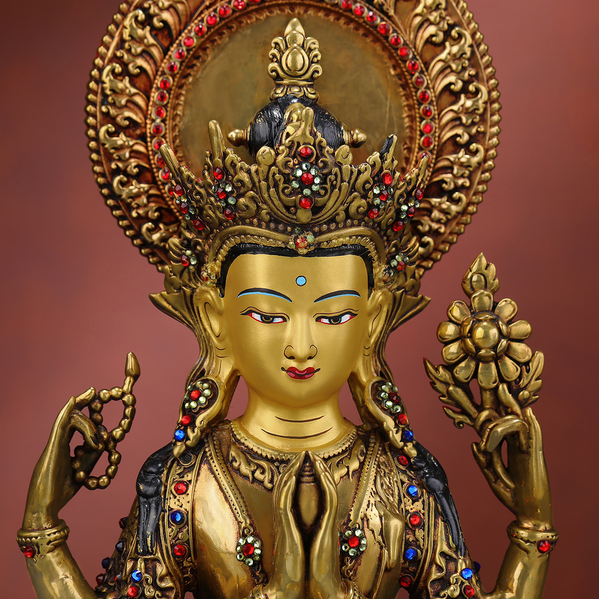 尼泊尔工艺四臂观音菩萨铜佛像摆件藏式居家供奉四臂观音10寸7寸