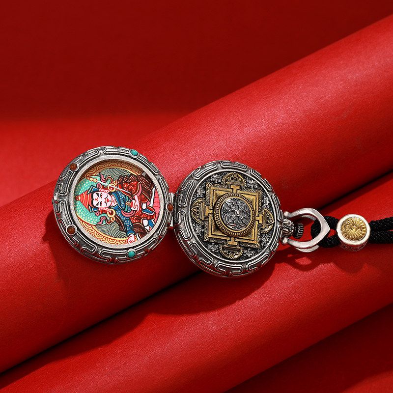 S925纯银镀金唐卡莲花生大士唐卡莲花大师佛像嘎乌盒吊坠手工绘制