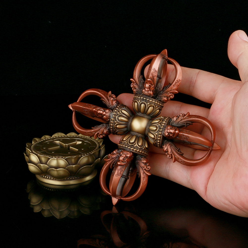 卡为尼泊尔精工全铜十字五股金刚杵降魔杵带底座白铜紫铜供奉摆件