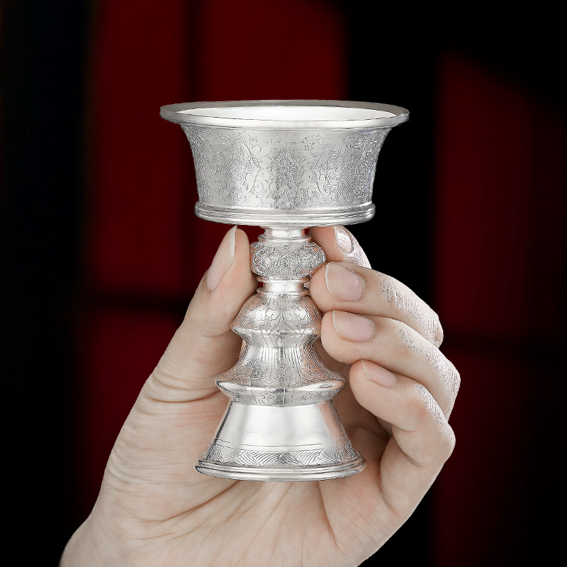 酥油灯底座S990银手工八吉祥酥油灯座长明灯供杯灯座小号7cm