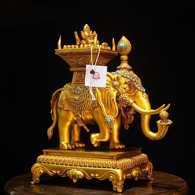 西藏式铜全鎏金象宝仿尼泊尔工艺仿古手工雕刻公母象宝高28cm