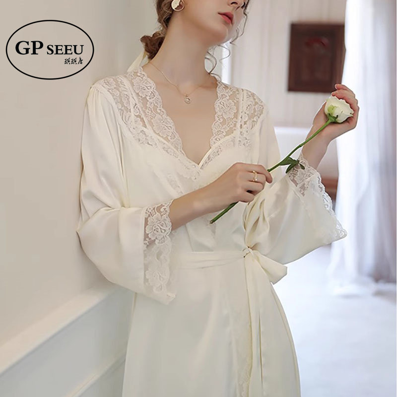 GP Seeu性感吊带睡衣女春秋薄款新娘晨袍蕾丝V领真丝睡裙两件套