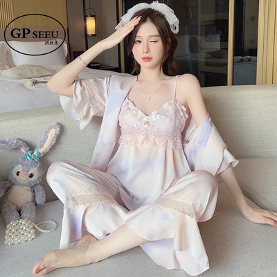 真丝睡衣春秋渐变蕾丝吊带四件套