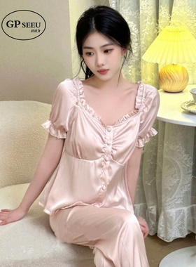 GP Seeu真丝睡衣女春秋新款法式宫廷风短袖高级感带胸垫家居服