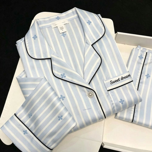 轻奢条纹蝴蝶真丝睡衣女2026新款春秋季长袖家居服夏天短袖三件套