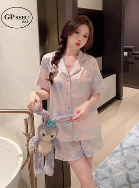 新款睡衣女夏季真丝短袖短裤套装