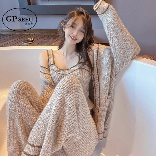珊瑚绒睡衣女秋冬性感背心家居服