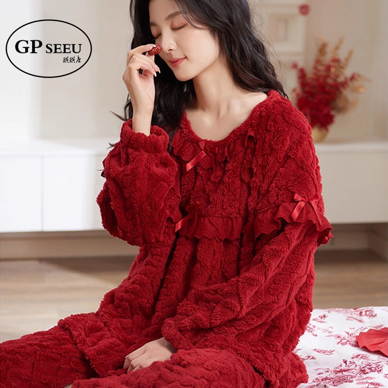 GP Seeu珊瑚绒睡衣女冬季新款加绒加厚保暖红色本命年结婚家居服
