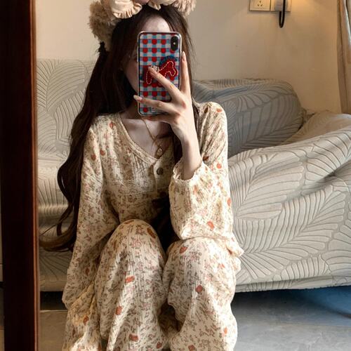 奶杏碎花纯棉纱布长袖睡衣套装女夏季薄款长裤家居服两件套可外穿