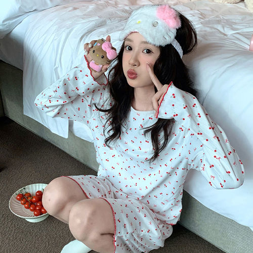 小懒窝睡衣女2026新款红樱桃甜美睡衣套装柔软亲肤长袖短裤家居服