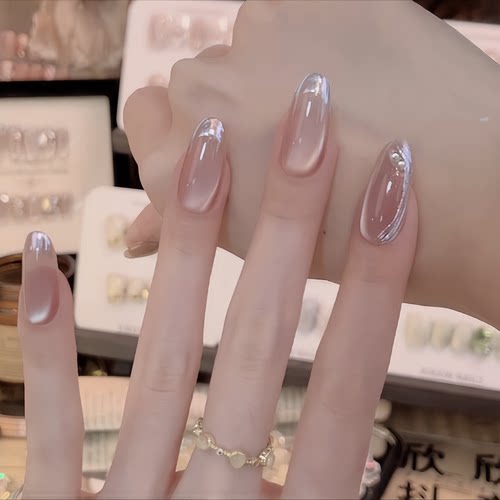 曼辞穿戴甲裸色美甲玻璃珠猫眼