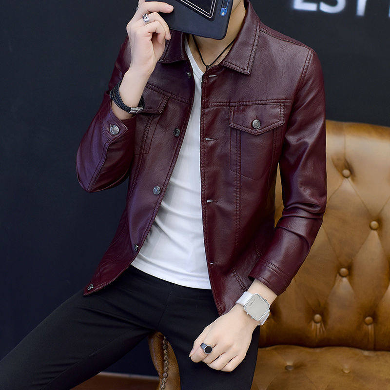 酒红色真皮皮衣男秋季薄款修身真皮夹克韩版潮流男士纽扣机车外套,男装,皮衣,淘宝优惠券,粉丝福利购,淘宝优惠卷