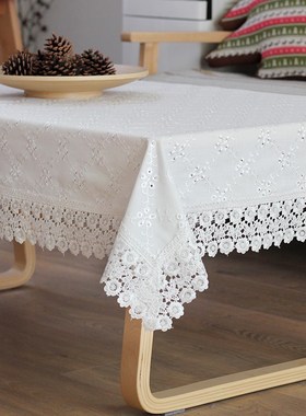 纯棉桌布布艺小清新白色茶几布简约现代纯色长方形家用蕾丝盖巾圆