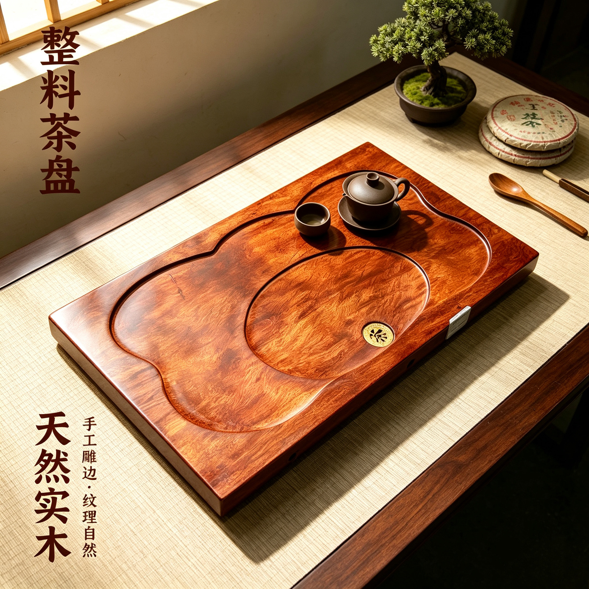 整块实木茶盘 香樟木原木根雕茶台家用简约排水茶海功夫茶具托盘
