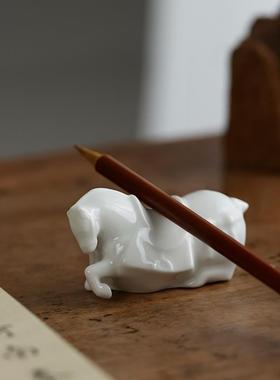 白驹笔搁 陶瓷器文房四宝书法练字用创意多功能笔置摆件素雅白瓷