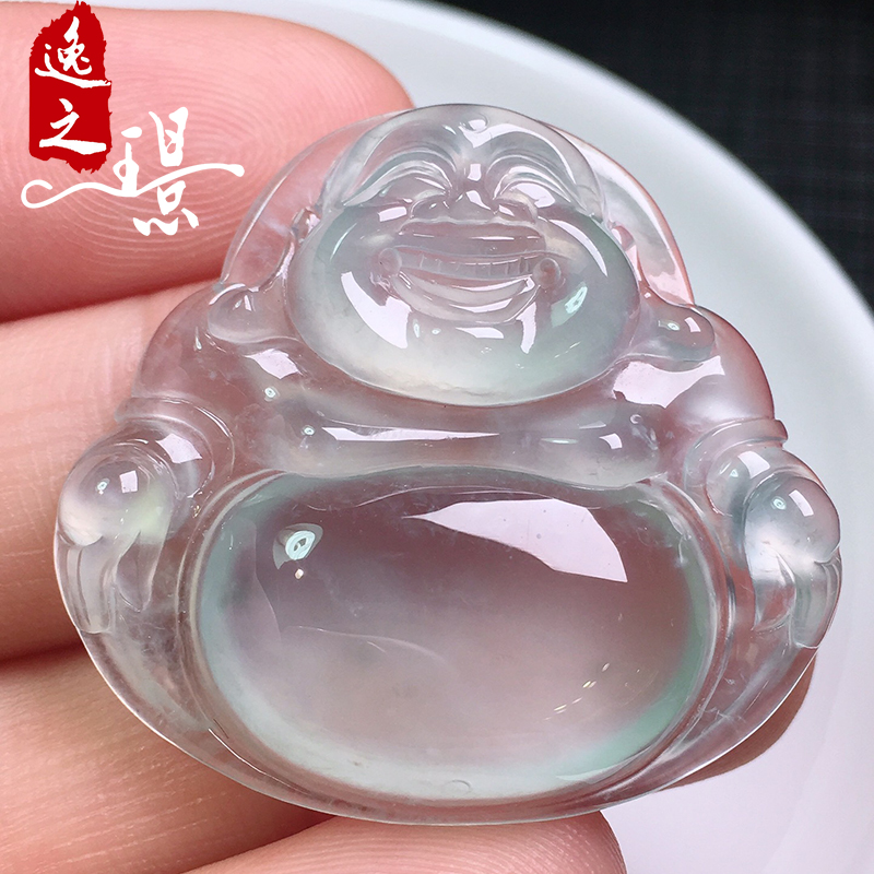 逸之璟天然缅甸老坑a货翡翠玉石雕刻冰种底色弥勒佛翡翠吊坠女士