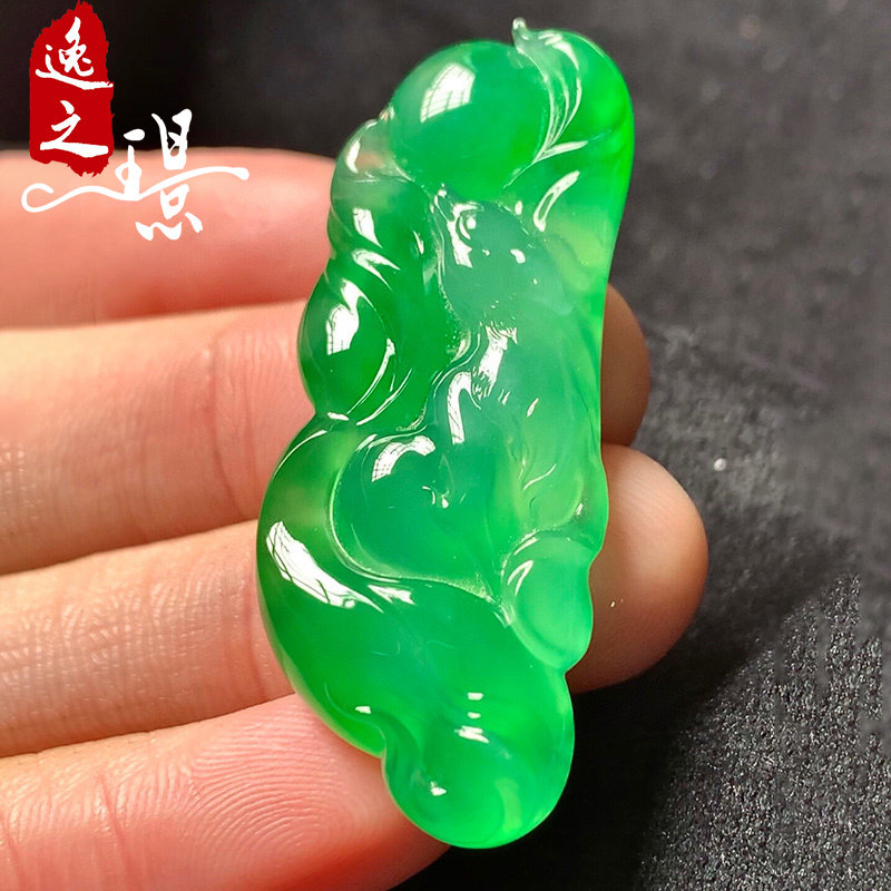 逸之璟缅甸老坑天然a货翡翠玉石雕刻冰种阳绿九尾狐翡翠吊坠挂件