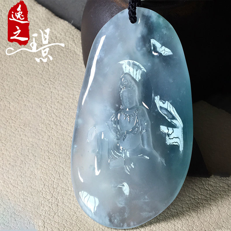 逸之璟 缅甸老坑天然a货翡翠玉石雕刻冰种飘花度母观音翡翠吊坠