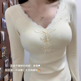 2025新款秋冬德绒保暖纯欲蕾丝花边V领长袖t恤女式保暖内衣打底衫