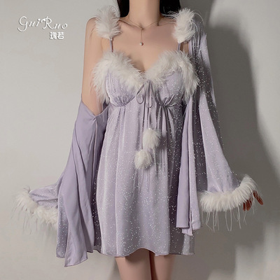 瑰若新款撒银丝滑缎面深V聚拢加胸垫吊带睡裙外袍家居服套装4419